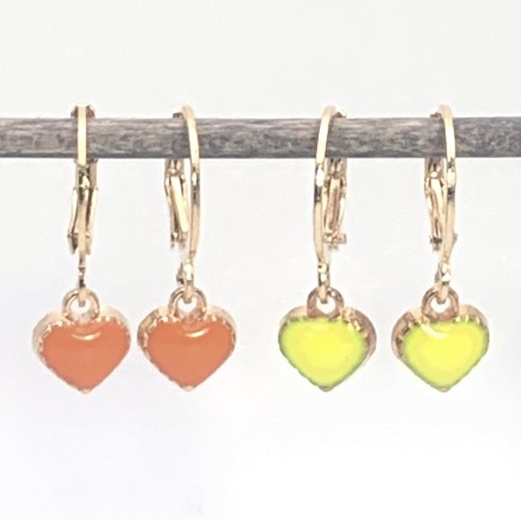 2 Pairs! Orange and Yellow Enamel Heart Earrings - Picture 1 of 4